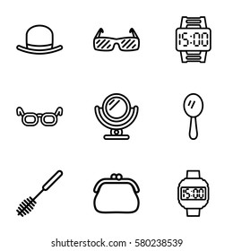 accessory vector icons. Set of 9 accessory outline icons such as mirror, hat, toilet brush, sunglasses, wrist dial watch, purse