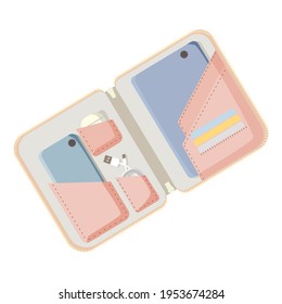 Zubehörtasche für Gadgets und mobile Geräte. Rosa Organisator mit Karten. Vektorgrafik-Flachbild-Illustration