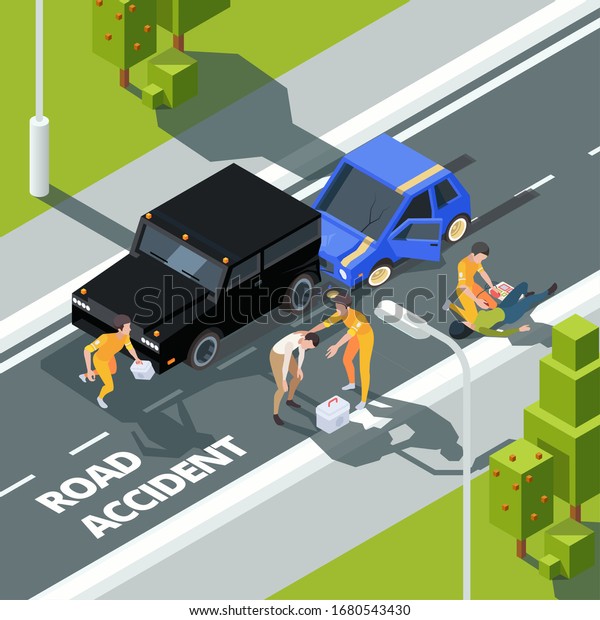 Accidence road. Paramedic\
first aid help to people police and medical workers vector\
isometric background