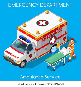 Accident Ambulance Aid Service Clinic Emergency Department Infographics. Patient Disease Health Care Doctor Nurse Medical. Healthcare Medicine Day Hospital 3D Isometric People Vector Illustration