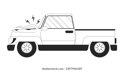 Accident automobile side view black and white 2D line cartoon object. Broken vehicle isolated vector outline item. Hit car. Traffic violation. Dangerous driving monochromatic flat spot illustration