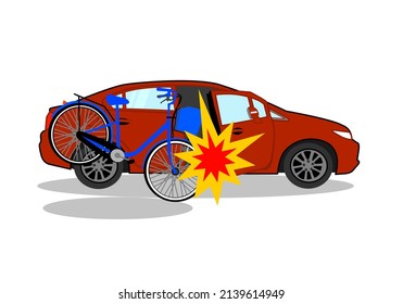 Accident between two vehicle. A red car crash a blue bicycle. Unsafe car driven on the road.