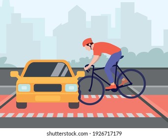 Accident at a bicycle crossing. The car did not miss the cyclist at the bicycle crossing. The car violates traffic rules. The bicycle crashed into a car. Flat vector illustration.