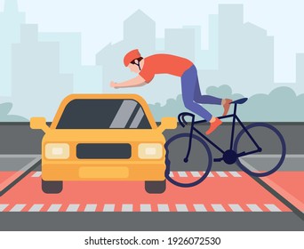 Accident at a bicycle crossing. The car hit the cyclist. Danger. Trauma. A cyclist crosses the road on a bicycle at a bicycle crossing. The car violates traffic rules. Flat vector illustration.