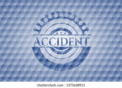 Accident blue badge with geometric pattern background.