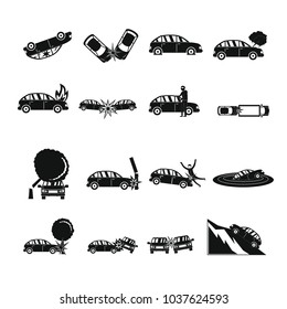 Accident car crash case icons set. Simple illustration of 16 accident car crash case vector icons for web