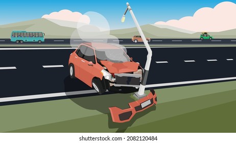 Accident of car on the highway. Passenger car lost its bumper on the side of the road, crashed into a light pole and fell. Front of the car was damaged. front hood open and smoke came out.