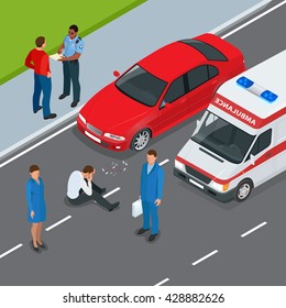 Accident Car And Pedestrian. Flat  3d Vector Isometric Illustration.