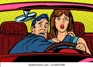 Accident car road. Funny man and woman driver. Pop art retro vector illustration vintage kitsch drawing