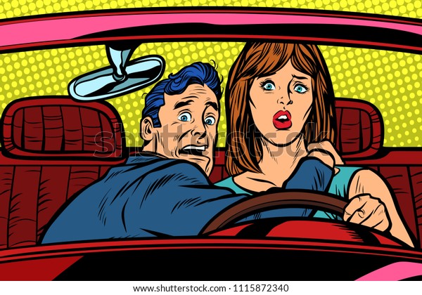 Accident car road.\
Funny man and woman driver. Pop art retro vector illustration\
vintage kitsch\
drawing