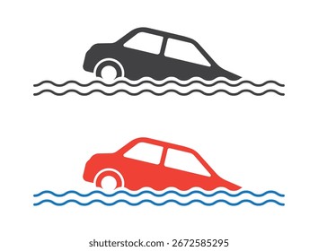 acidente com carro afundando em ondas de água ícone