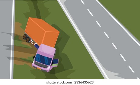 Accident with a cartoon of container truck falling off the road. Passed away and landed in the middle of the road. Two parallel roads.