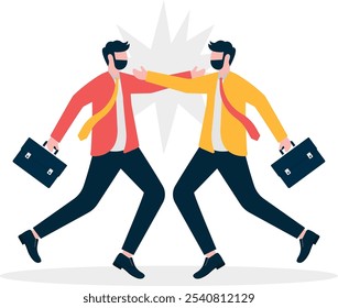 An accident caused by reckless carelessness between two businessmen running around looking at each other

