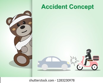 Accident concept,Teddy bear bandages and car crash on green background with copy space,Vector illustration ep10.
