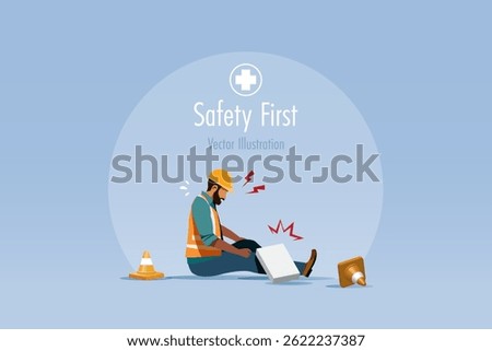 Accident at construction site. Heavy brick accidentally falling on worker leg. Safety first, accident awareness and unsafe workplace in construction industry concept.