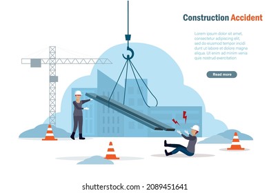 Accident at construction site. Steel plate falling on workers when using crane moving. Accident awareness and unsafe workplace in construction industry concept