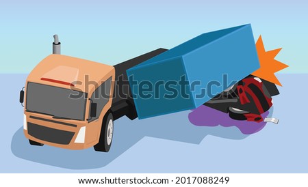 Accident of container trailer fell out of the truck car. Falling container It fell on the car that was following behind it. Red car was demolished and there was an oil spill.