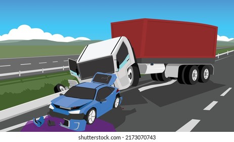 Accident Of A Container Truck Blocking The Asphalt Road. Clash On The Edge Of The Road And At The End Of A Passenger Car. Oil Spill On Road. Parallel Routes In The Area Connecting The Cities.