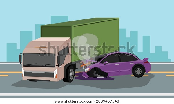 Accident of a container truck blocking the road. Car\
crashed into the side, causing severe damage to the front. Damage\
includes loose wheels. front bumper broken Smoke emanated from the\
hood of car.