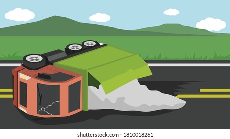 Accident of container truck crashes on the road and chemicals have leaked from the container. Obstructing traffic On a wide road in rural areas