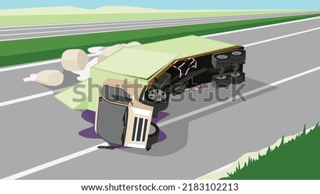 Accident of container truck crashes on the road and chemicals have leaked from the jumbo bags out of container. Obstructing traffic On a wide road in rural areas. blocking all the traffic in the area.