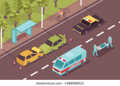 Accident crash isometric composition with outdoor scenery and damaged cars with ambulance police and people characters vector illustration