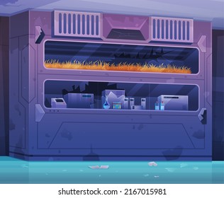 Accident and destruction while scientists experimenting in science chemistry laboratory with explosion of lab premice and leakage of studied liquid in flasks, fluid sample bang, failed experiment