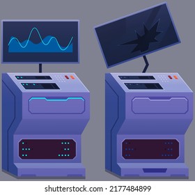Accident and destruction while scientists experimenting in science chemistry laboratory with explosion of lab. Industrial equipment with touch screen, buttons, machine, device data, failed experiment