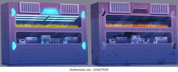 Accident and destruction while scientists experimenting in science chemistry laboratory with explosion of lab premice and leakage of studied liquid in flasks, fluid sample bang, failed experiment
