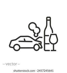 accident due to drunk driving icon, consequences of drunk driving, crash car with wine bottle, thin line web symbol on white background - editable stroke vector illustration eps10