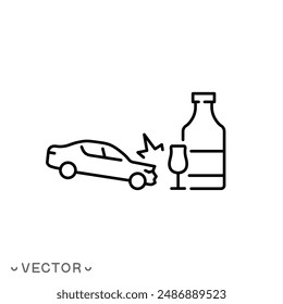 Unfall aufgrund von Trunkenheit am Steuer Ikone, Folgen von Trunkenheit am Steuer, Unfallauto mit Weinflasche, Dünnzeilensymbol isoliert auf weißem Hintergrund, bearbeitbarer Strich EPS 10 Vektorillustration