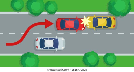 Accident during overtaking on the road. The car drove into the oncoming lane and crashed into the car. Vector illustration, flat design, cartoon style.