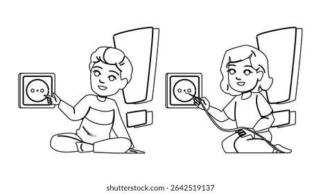 acidente vetor de criança de segurança elétrica. choque soquete, segurança de tomada, crianças perigo acidente elétrico segurança criança personagem. pessoas linha preta lápis desenho ilustração