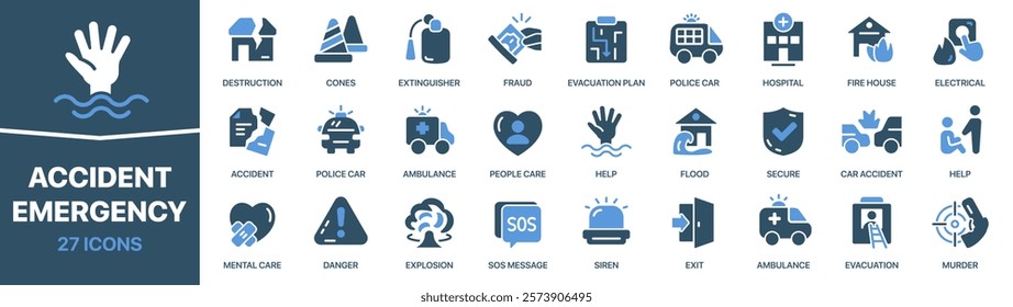 Accident and emergency colored signed icon collection. Help, danger, police, criminal, siren icons. UI icon set. Colored icons pack. Vector illustration EPS10