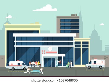 Accidentes y hospitales de emergencia con médicos y pacientes. Concepto de vector médico. Construcción clínica e ilustración médica en hospitales