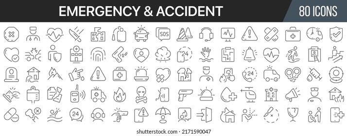 Colección de iconos de línea de emergencia y accidente. Un gran icono de interfaz de usuario en un diseño plano. Paquete de iconos de contorno delgado. Ilustración del vector EPS10