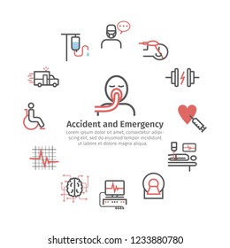 Accident and emergency line icons. Round banner. Clinic signs. Life support. Vector signs for web graphics.