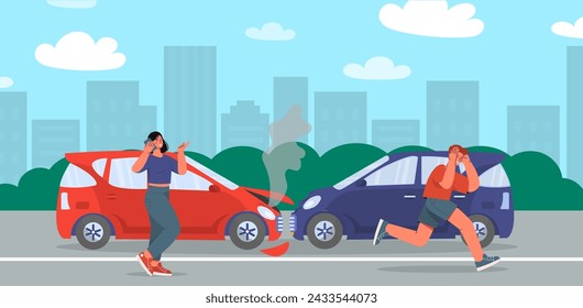 Accidente en la autopista. Mujer y hombre cerca de coches rotos en la carretera. Malos conductores esperando a la policía. Vehículos y automóviles dañados. Situación peligrosa cerca de la ciudad. Ilustración de vector plano de dibujos animados