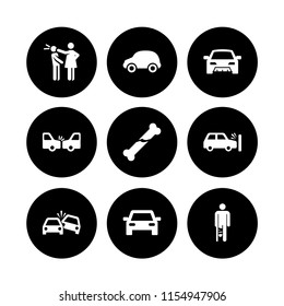 accident icon. 9 accident set with broken leg, traffic, broken bone and small car vector icons for web and mobile app