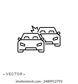 accident icon, broken cars, auto crash on road, thin line symbol isolated on white background, editable stroke eps 10 vector illustration