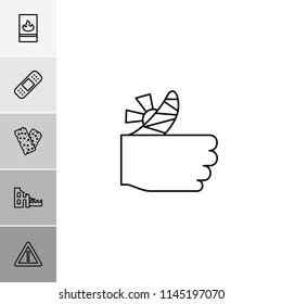 Accident icon. collection of 6 accident outline icons such as bandage, warning, fire protection, broken house. editable accident icons for web and mobile.