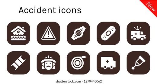  accident icon set. 10 filled accident icons. Simple modern icons about  - Disaster, Warning, Belt, Plaster, Ambulance, Stretcher, Firefighter, Hose, Crutch