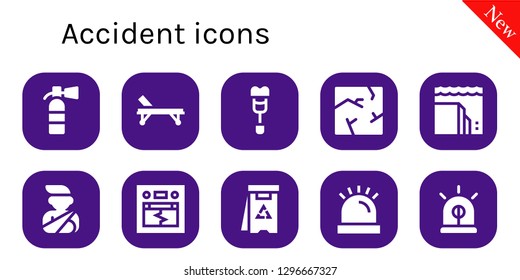  accident icon set. 10 filled accident icons. Simple modern icons about  - Extinguisher, Stretcher, Crutch, Crack, Landslide, Accident, Earthquake, Danger, Siren