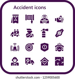  accident icon set. 16 filled accident icons. Simple modern icons about  - Danger, Hose, Eruption, Bandaged finger, Ambulance, Accident, Extinguisher, Belt, Siren, Warning, Firefighter