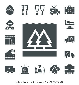 accident icon set. 17 filled accident icons.  Simple modern icons such as: Forest fire, Firefighter, Landslide, Flood, Tsunami, Stretcher, Ambulance, Crutches, Siren, Dangerous