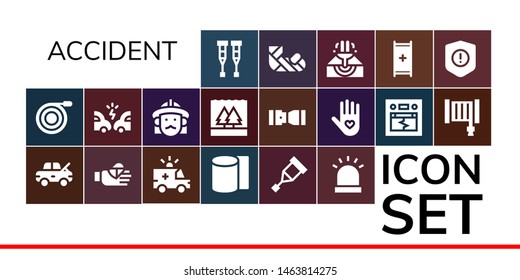 accident icon set. 19 filled accident icons.  Collection Of - Crutches, Hose, Damage, Bandaged finger, Ambulance, Bandages, Crutch, Siren, Accident, Firefighter, Flood, Seat belt