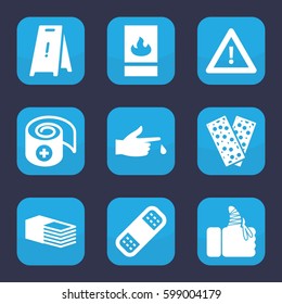 accident icon. Set of 9 filled accident icons such as wet floor, bandage, warning, injured finger