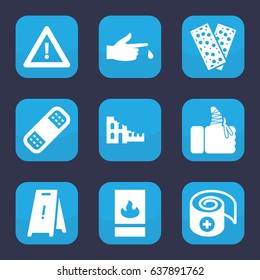 Accident icon. set of 9 filled accident icons such as wet floor, bandage, warning, injured finger, fire protection