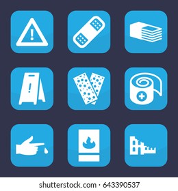 Accident icon. set of 9 filled accident icons such as wet floor, bandage, warning, injured finger, fire protection