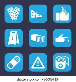 Accident icon. set of 9 filled accident icons such as wet floor, bandage, warning, injured finger